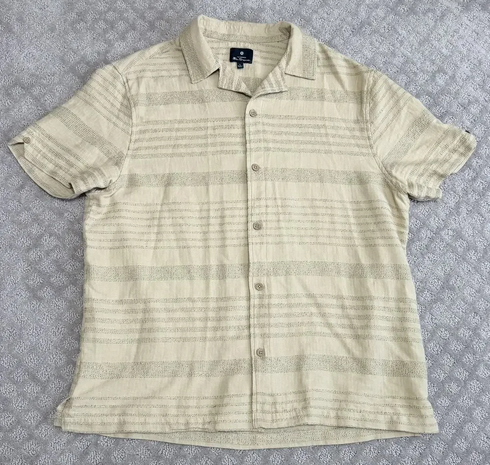 Ben Sherman Safari Camp Shirt Tan Textured Mens Size Large Beach Vacation EUC